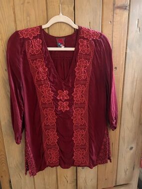 Johnny Was Wine Red Embroidered V-Neck Tunic